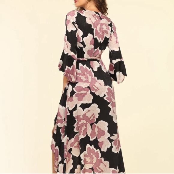 Veronica M Romano Wrap Maxi Dress With Bell Sleeve size L - black pink floral - Picture 3 of 7